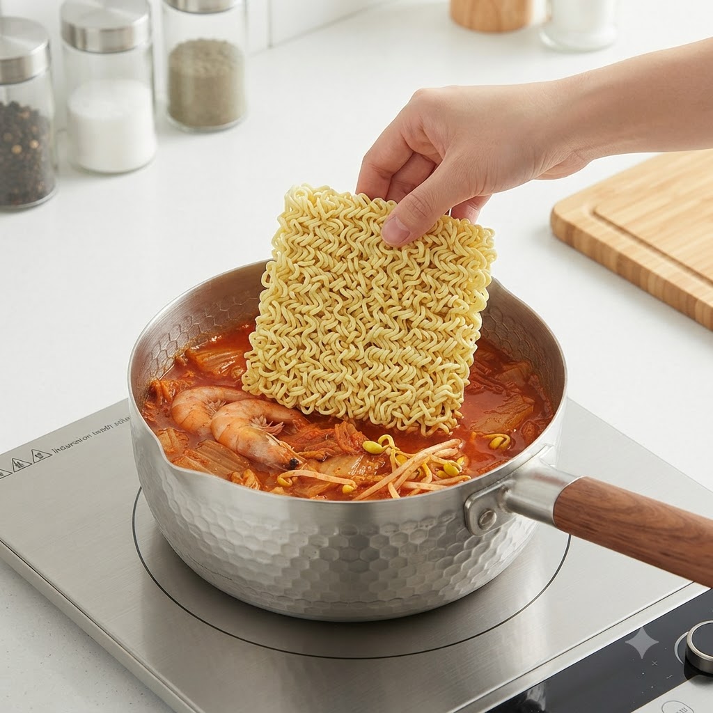 Nouilles ramen déposées dans une marmite de bouillon frémissant avec des crevettes et des légumes.