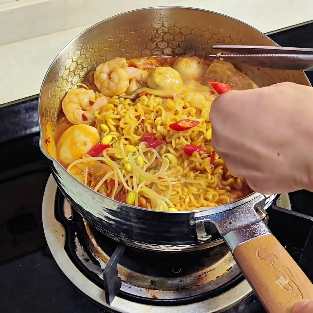 Piments rouges et oignons verts hachés saupoudrés sur les nouilles ramen cuites.