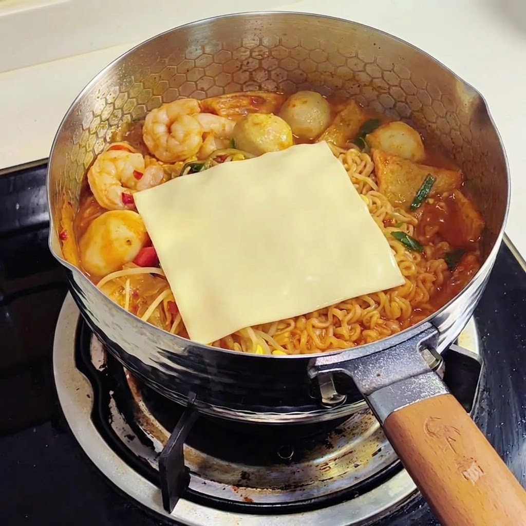 Deux tranches de fromage jaune déposées sur les nouilles ramen fumantes dans une poêle.
