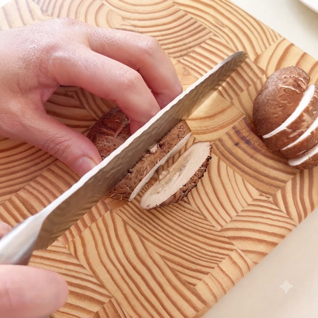 Des champignons shiitaké et une saucisse de jambon tranchés finement sur une planche à découper en bois avec un couteau.