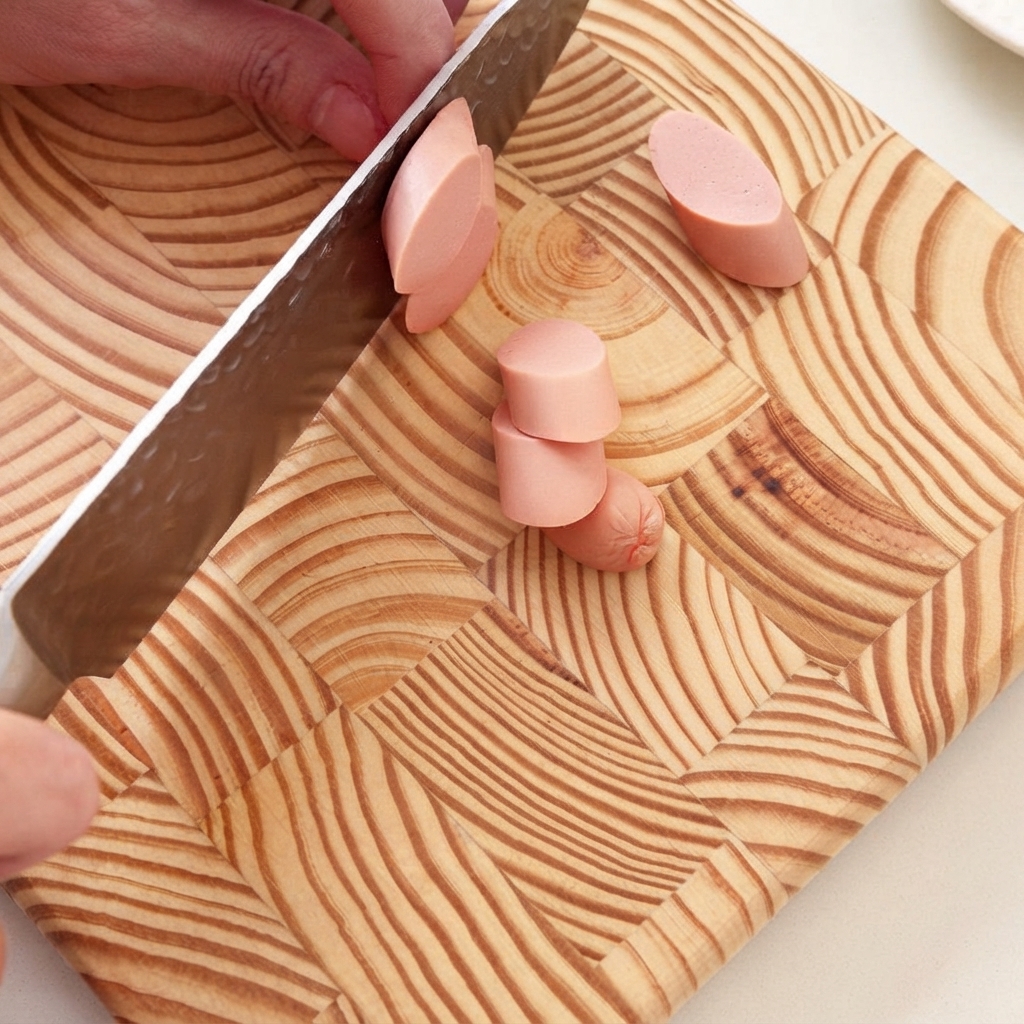 Un bloc de tofu blanc coupé en petits carrés sur une planche à découper en bois.
