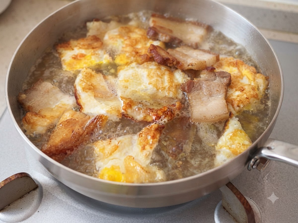 Des champignons tranchés, des saucisses de jambon et des morceaux de tofu blanc placés dans la casserole de bouillon.