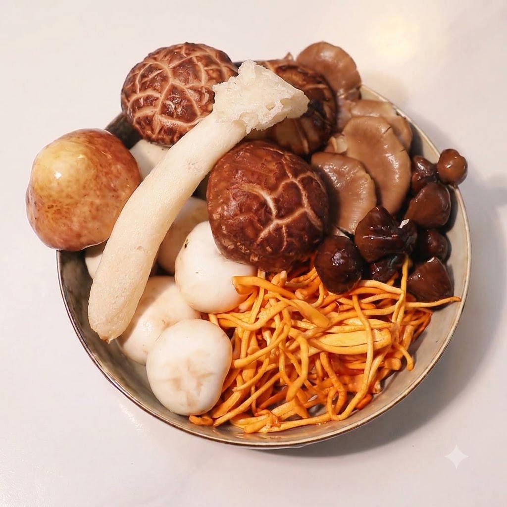 Un plan rapproché en plongée dun bol en céramique rempli dun assortiment de champignons crus et non lavés de formes et de couleurs différentes.