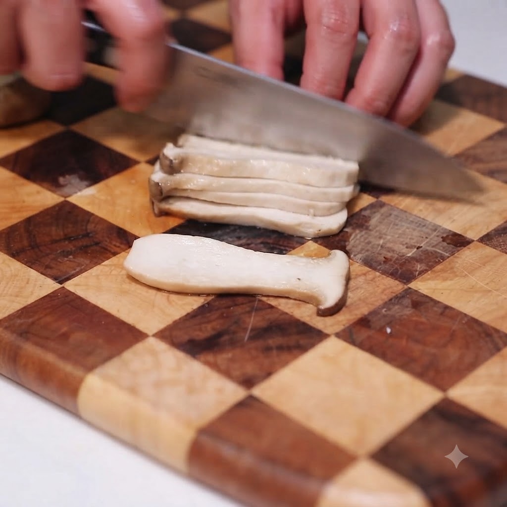 Un couteau de chef tranchant des champignons individuels en morceaux nets et uniformes sur une planche à découper en bois à motifs quadrillés.