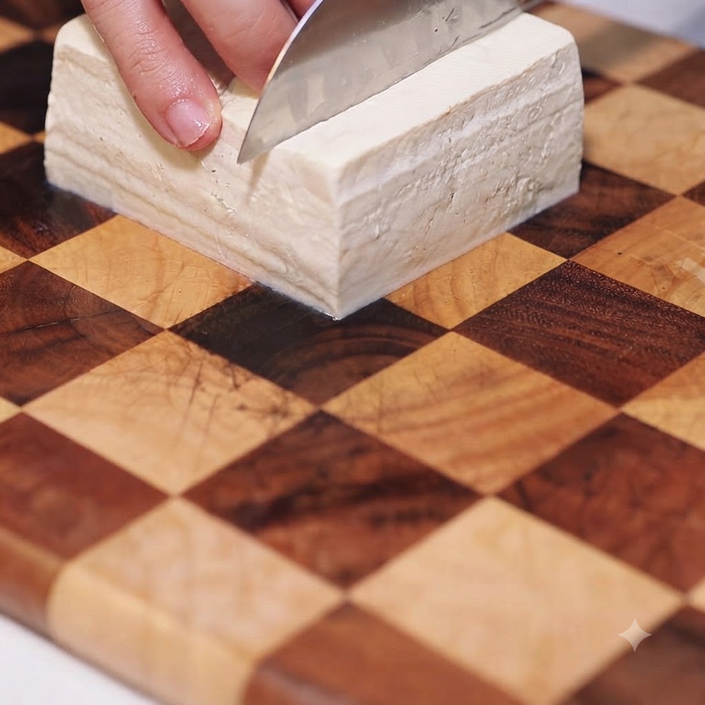 Une main tenant un couteau coupant un bloc épais de tofu blanc ferme en portions triangulaires nettes sur une planche à découper.