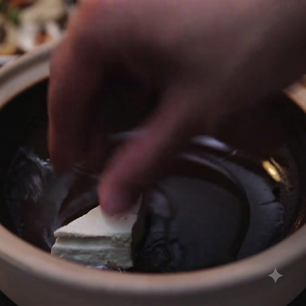 Une main plaçant un triangle de tofu ferme dans un caquelon chaud rempli dhuile pour le faire frire jusquà ce quil soit doré.