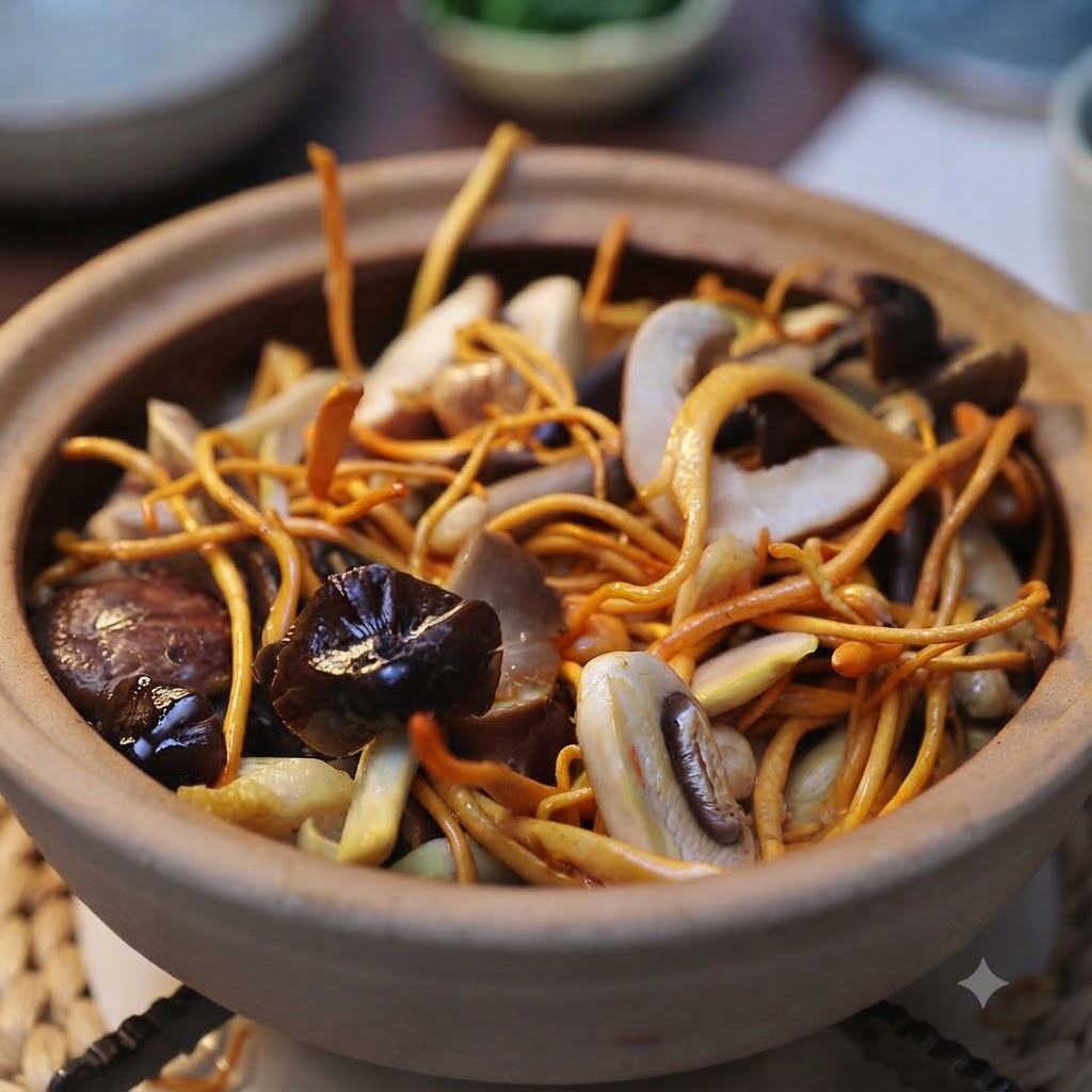 Un caquelon rempli dun mélange dense de champignons sautés et de tofu frit doré disposé proprement sur le dessus.
