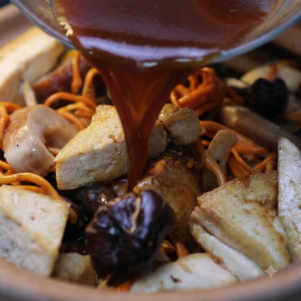 Une sauce savoureuse brun foncé versée dun bol en verre sur le tofu frit et les divers champignons à lintérieur dun caquelon.
