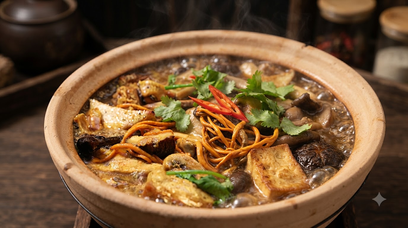 Un caquelon rustique et bouillonnant rempli dun assortiment de champignons, de tofu doré et poêlé, et dun riche bouillon savoureux, garni de coriandre fraîche et de piments.