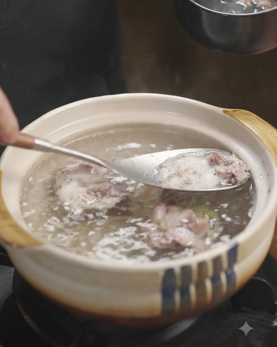 Une louche en métal écumant la mousse et les impuretés à la surface dune marmite de bouillon de bœuf frémissant.