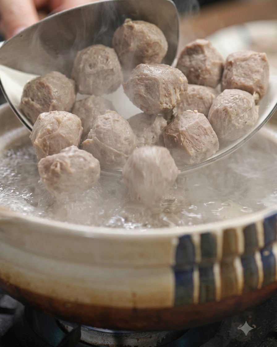 Des boulettes de bœuf versées à laide dune cuillère dans une casserole deau bouillante.