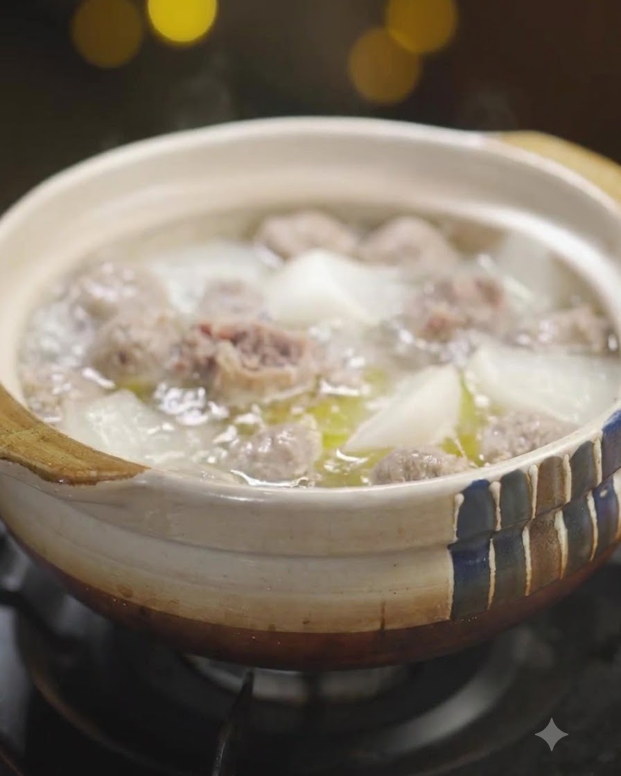 De la coriandre fraîche finement hachée saupoudrée sur le dessus dun pot en céramique chaud rempli de soupe de boulettes de bœuf et de radis.