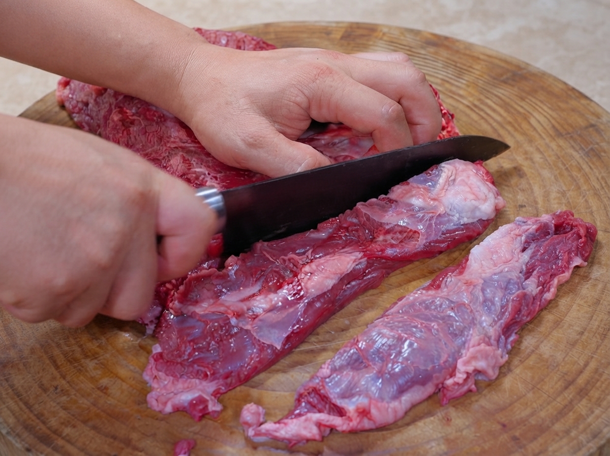 Des mains découpant du bœuf cru en longues lanières et en petits cubes sur une planche à découper ronde en bois.