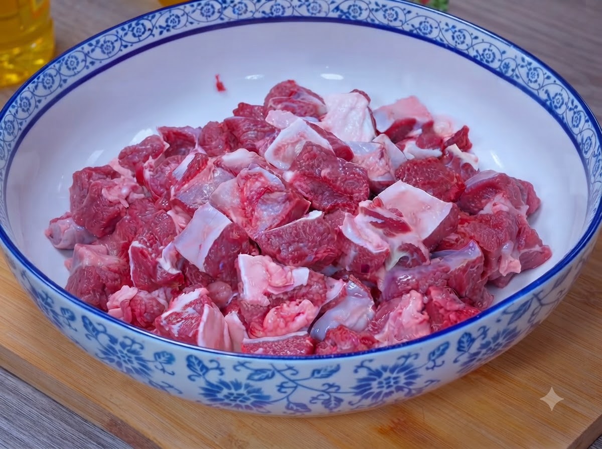 Des morceaux de bœuf dans un grand bol saupoudrés de sel.