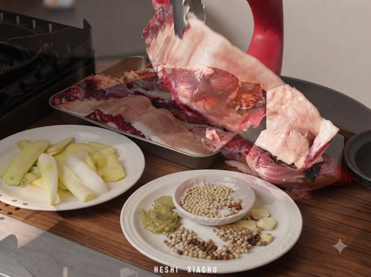 Des morceaux de gîte de bœuf crus ajoutés dans une poêle remplie deau froide, de gingembre et de ciboulettes.