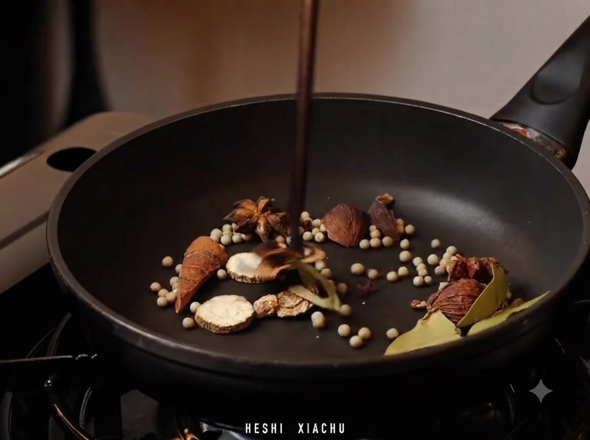 Diverses épices séchées et grains de poivre blanc torréfiés dans une poêle à laide de baguettes.