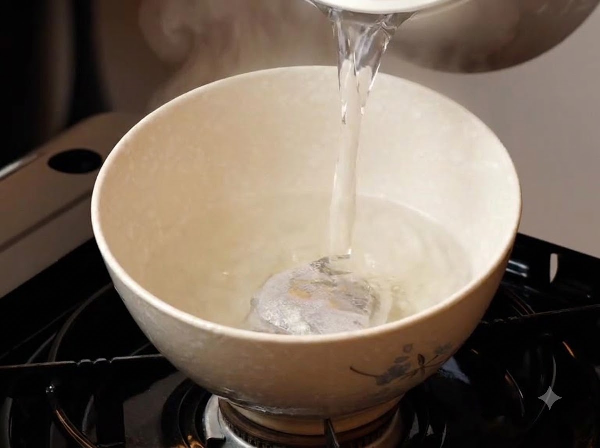 De leau bouillante versée dune bouilloire dans un bol en céramique contenant un sachet dépices scellé.