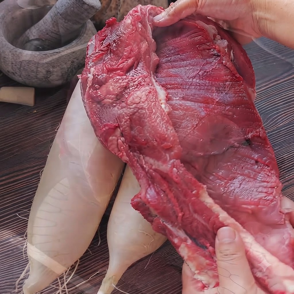 Un morceau de flanchet de bœuf cru en train dêtre lavé sous le robinet de lévier de la cuisine.