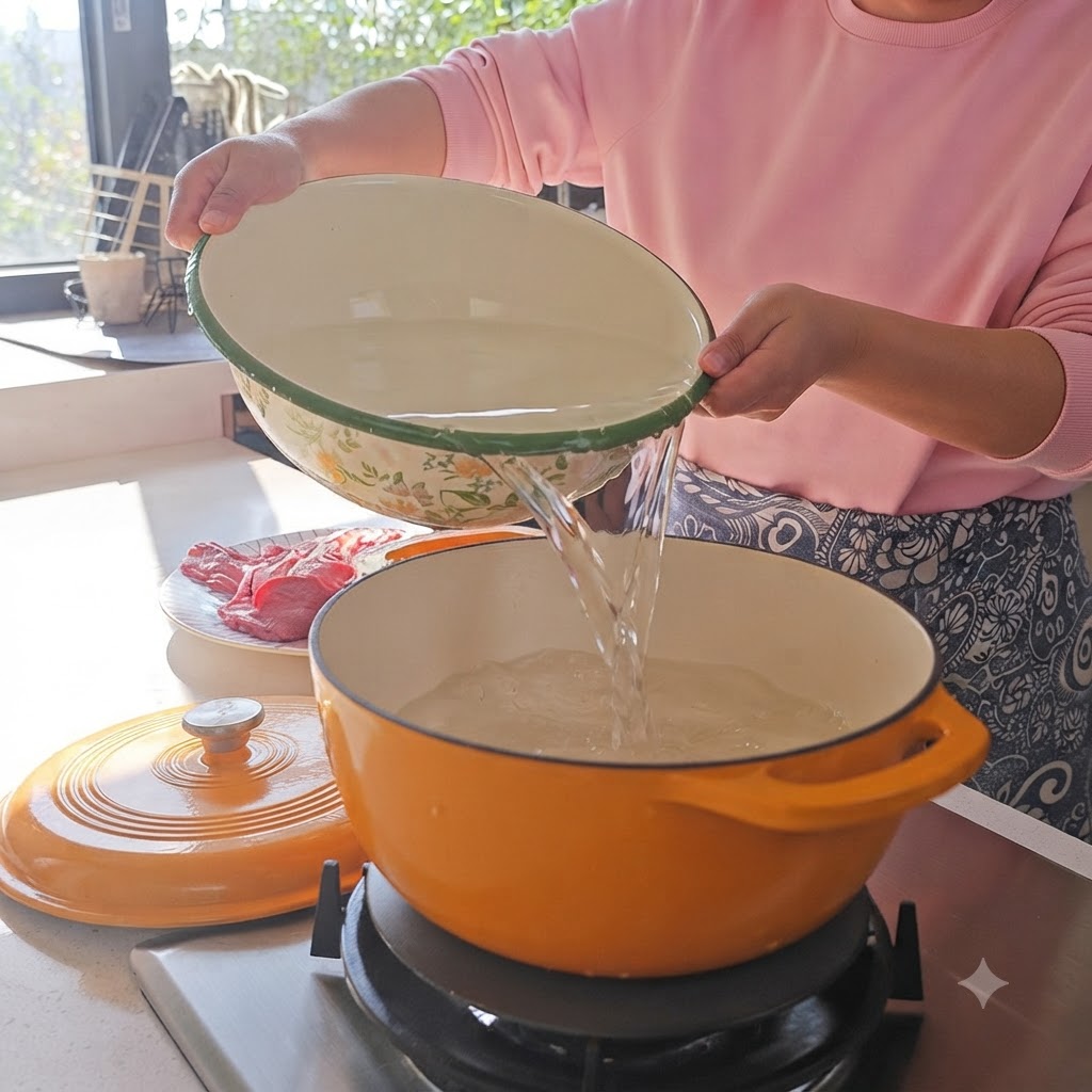 De leau versée dun bol en émail dans une cocotte en fonte émaillée orange posée sur une cuisinière.