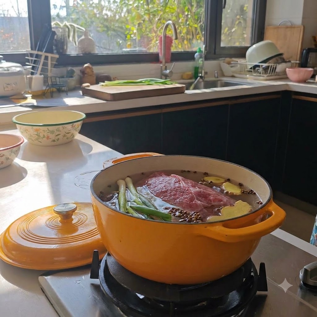 Flanchet de bœuf cru, ciboules et baies de poivre immergés dans de leau froide à lintérieur dune cocotte orange.