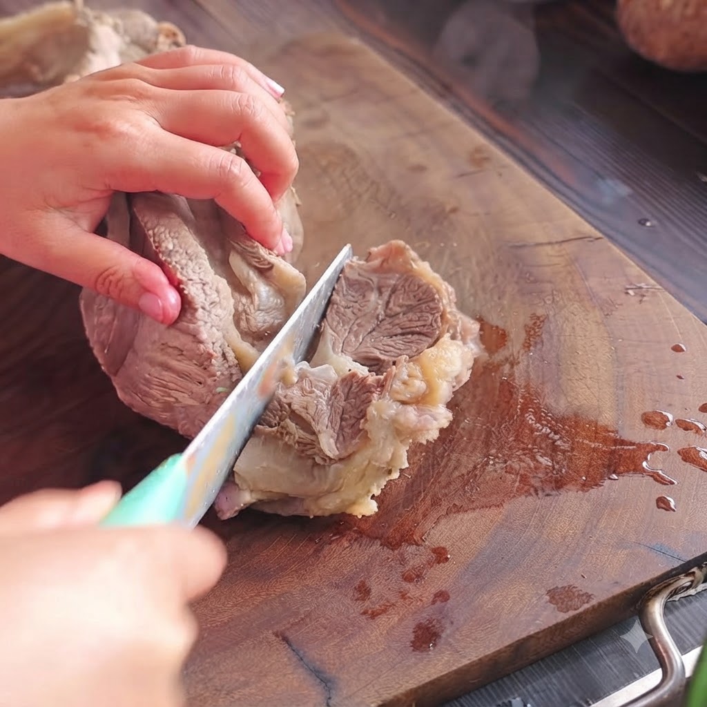 Du flanchet de bœuf cuit coupé en grands morceaux avec un couteau à manche vert sur une planche en bois.