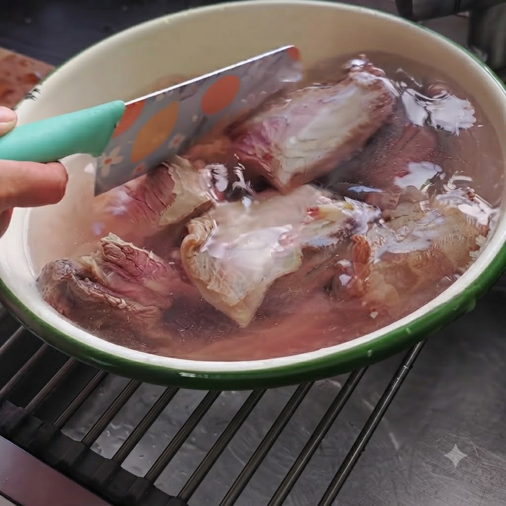 Morceaux de bœuf cuit trempant dans de leau chaude à lintérieur dun bol profond à bord vert.