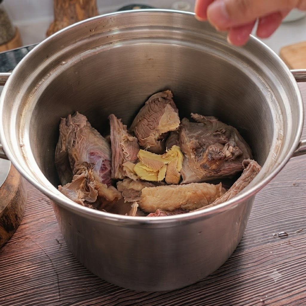 Morceaux de bœuf et tranches de gingembre à lintérieur dune cocotte en acier inoxydable prêts pour le mijotage.