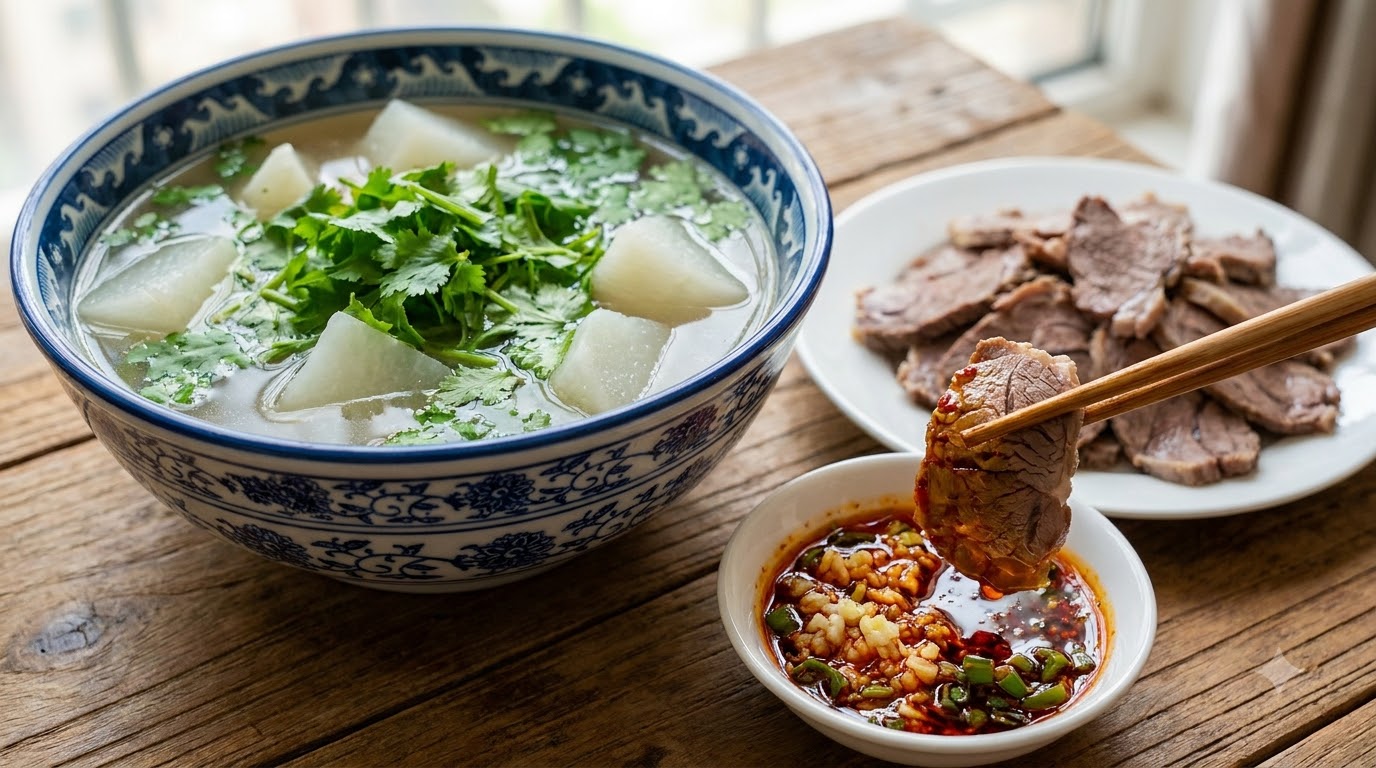 Un bol de soupe claire de bœuf et de radis blanc servi avec une sauce trempette au piment et des tranches de bœuf