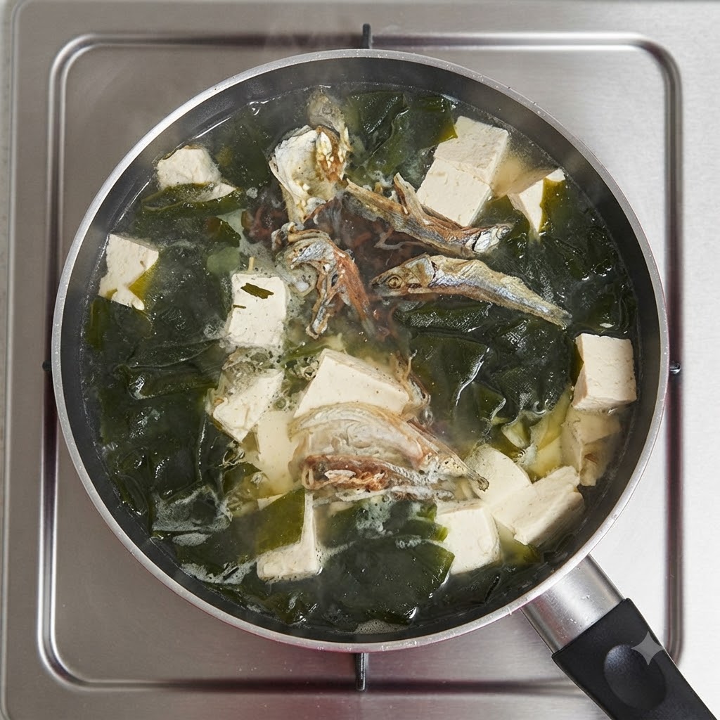 Poudre de dashi saupoudrée dans la casserole de soupe frémissante.