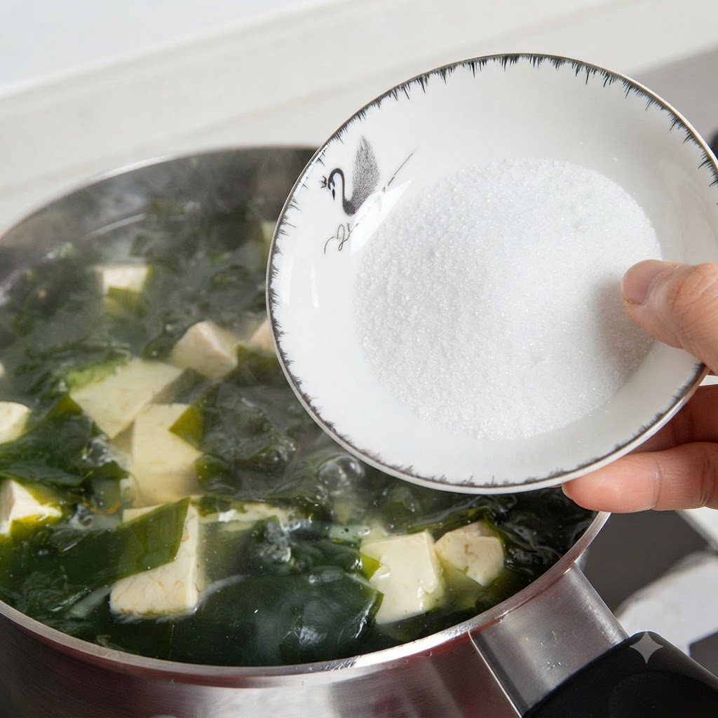 Un bol blanc contenant du sel tenu au-dessus dune casserole frémissante remplie de soupe dalgues et de tofu.