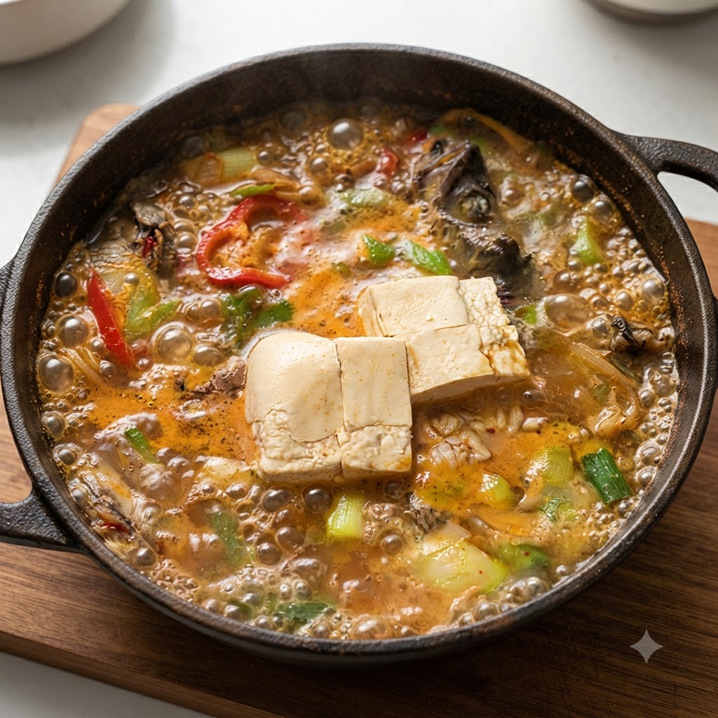 Blocs de tofu blanc reposant à lintérieur de la marmite de soupe de colin bouillante comme étape finale de cuisson.