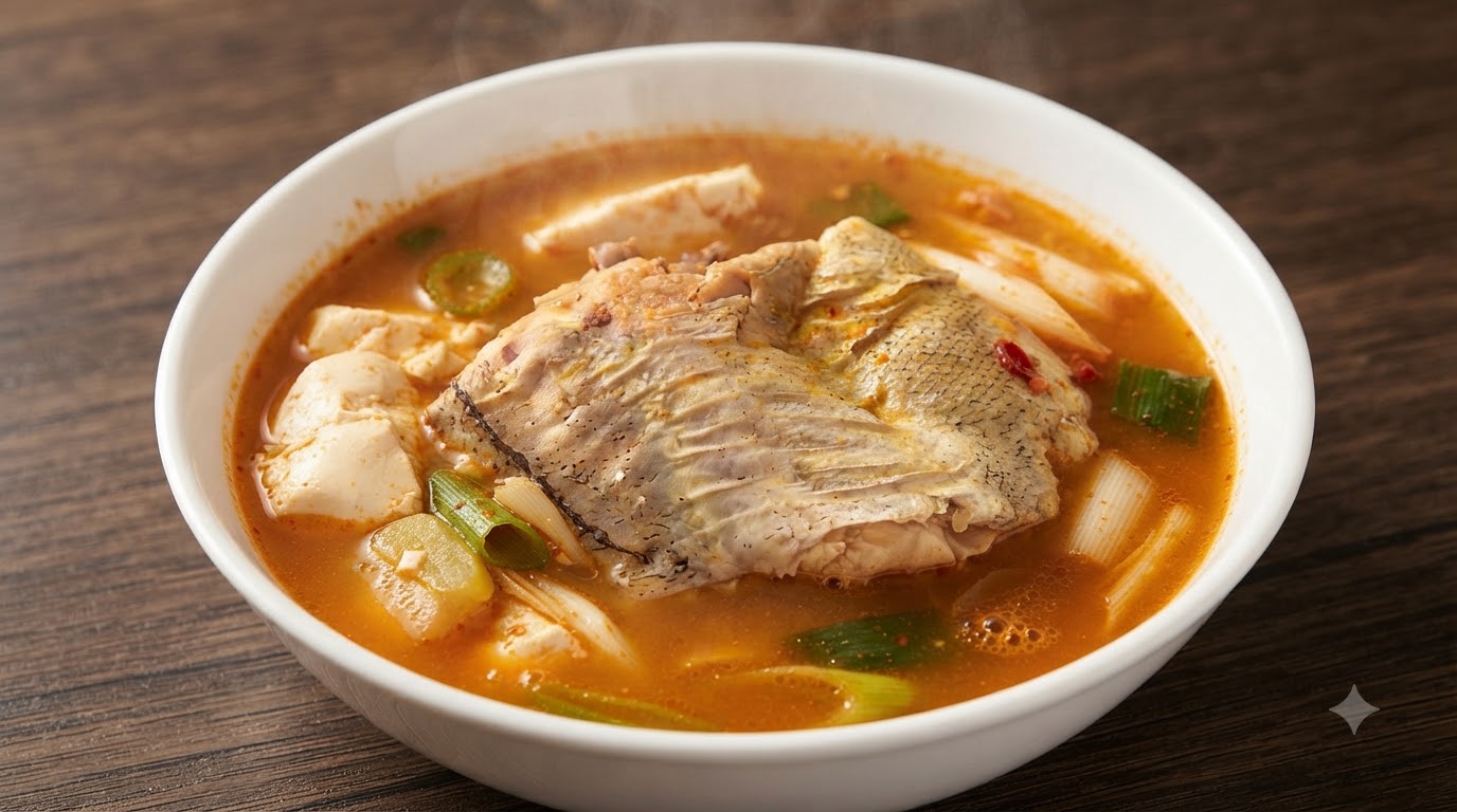 Un bol fumant de soupe de colin savoureuse avec du tofu moelleux, de tendres morceaux de poisson et un bouillon riche et épicé.