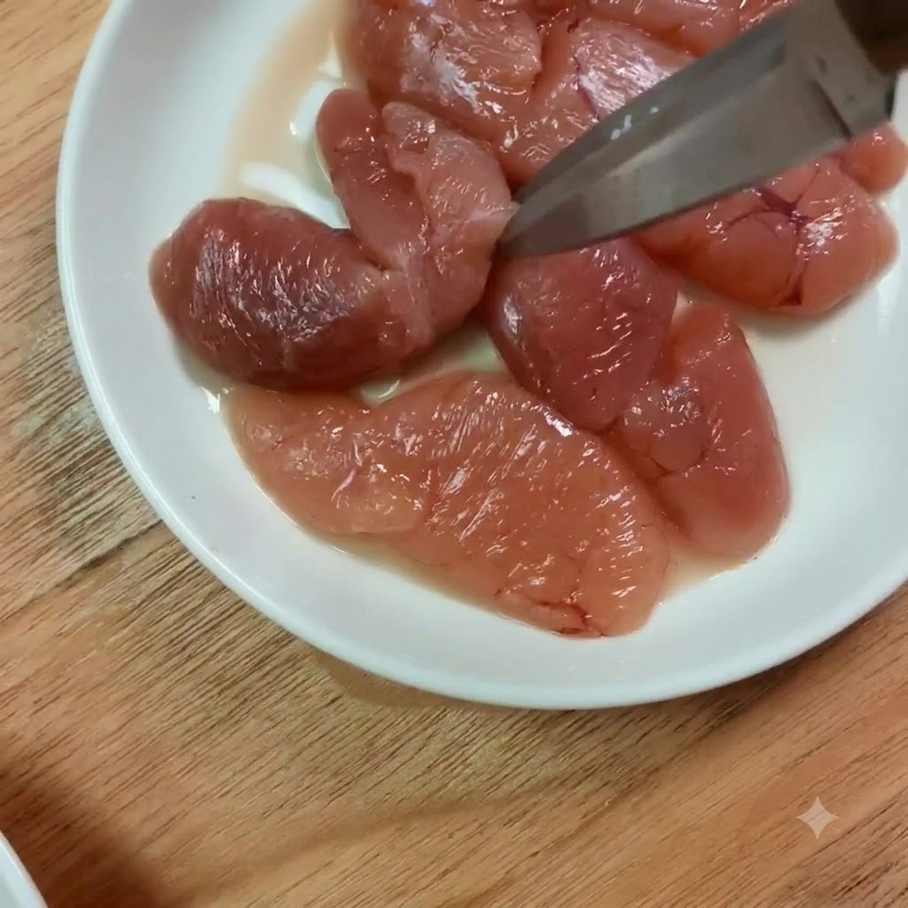 Morceaux dœufs de colin découpés en plus petites portions à laide de ciseaux sur une assiette blanche.