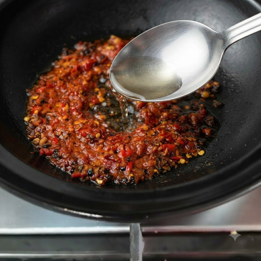 De leau sécoulant dun verre mesureur dans le caquelon contenant la base de piment.