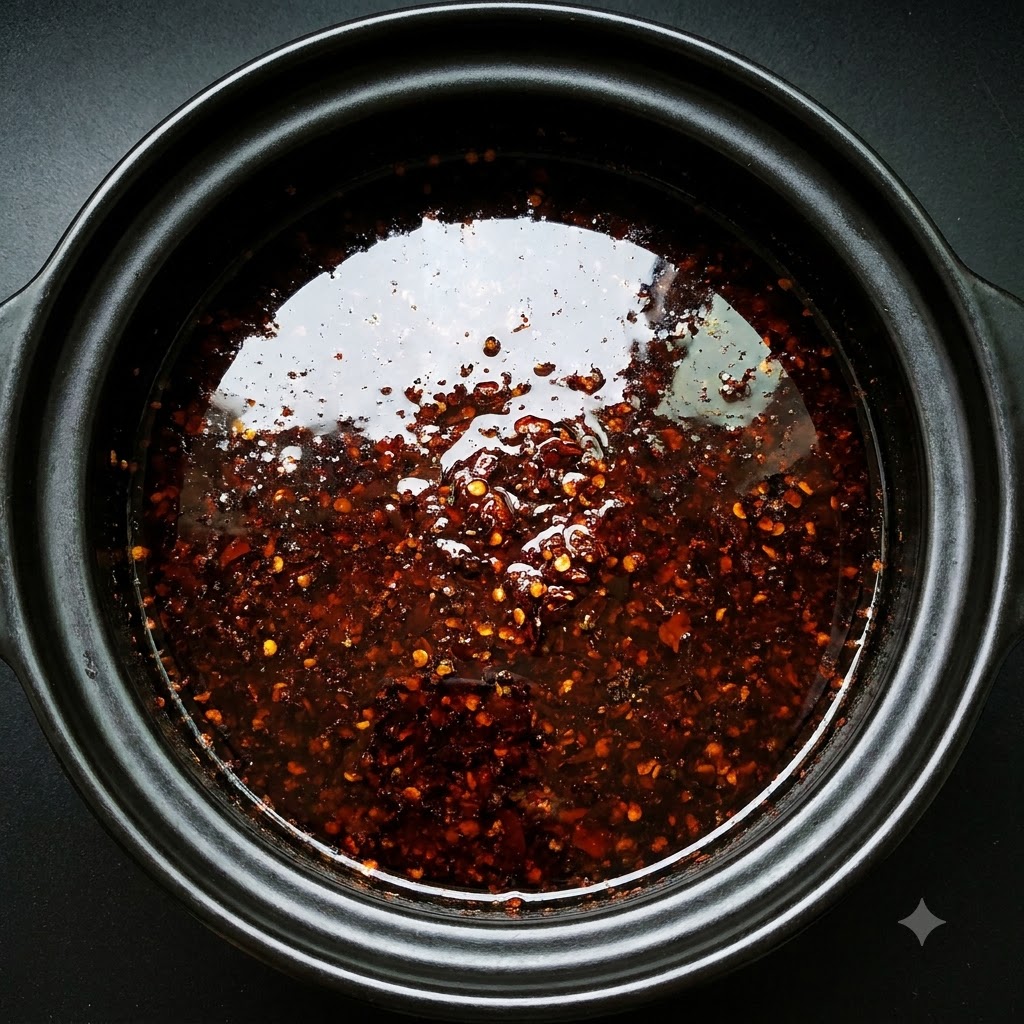 De la sauce soja versée dans le mélange de bouillon rouge foncé à lintérieur du caquelon.