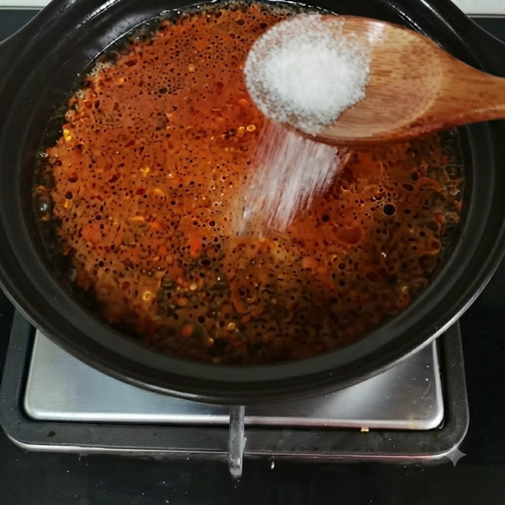 Du sel versé dune cuillère en bois dans une casserole frémissante de bouillon rouge assaisonné.