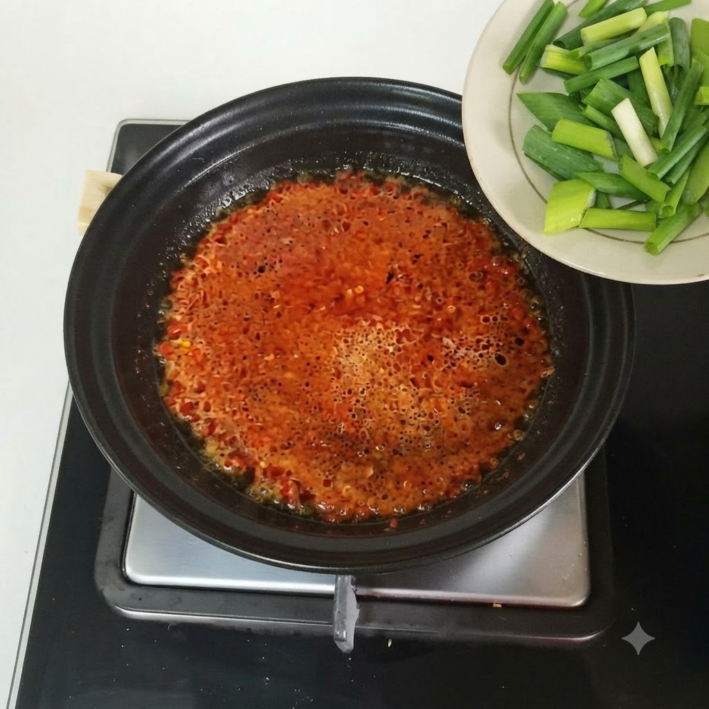 Des oignons verts fraîchement hachés versés dune assiette blanche dans une casserole contenant le bouillon épicé frémissant.