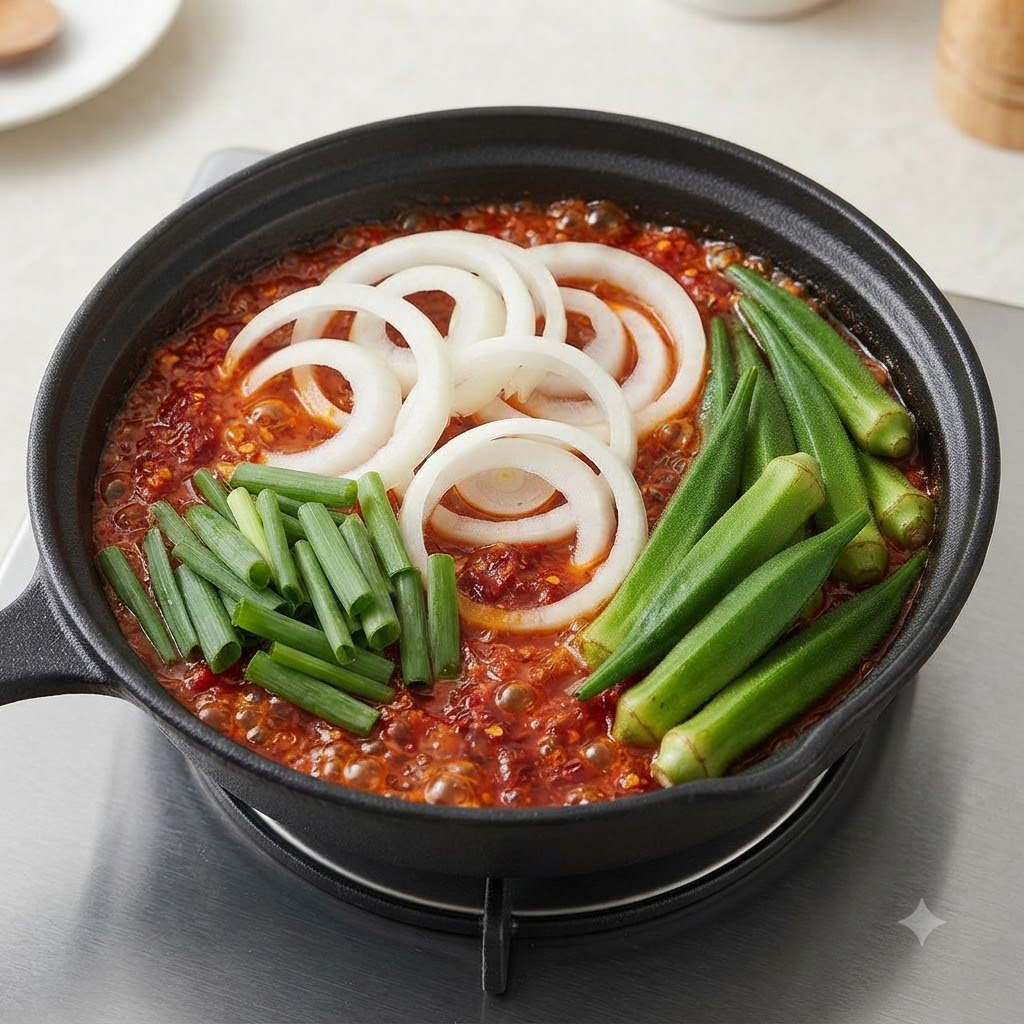 Des anneaux doignon blanc tranchés et des légumes verts disposés proprement à lintérieur dun récipient sombre rempli de bouillon épicé bouillonnant.