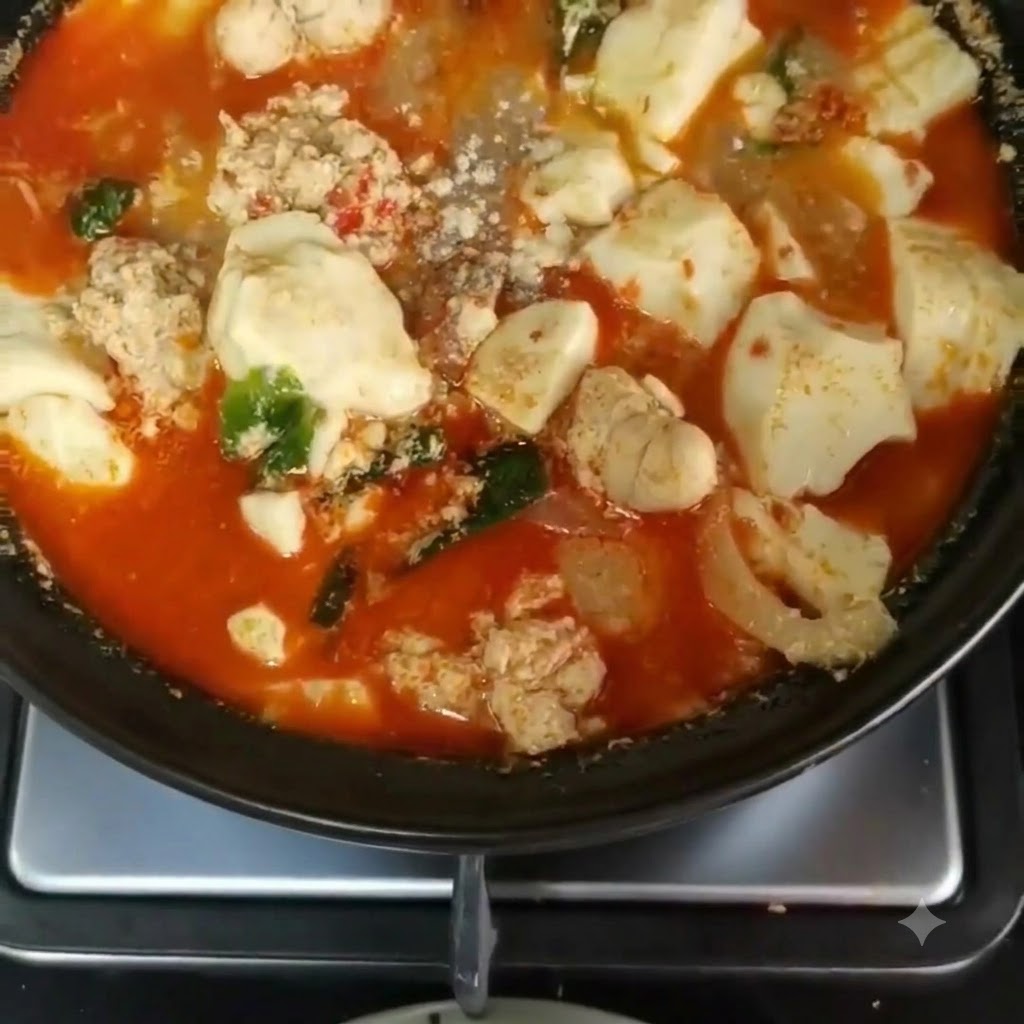 Du poivre moulu saupoudré sur une casserole frémissante remplie dœufs de colin, de tofu soyeux et de soupe rouge épicée.