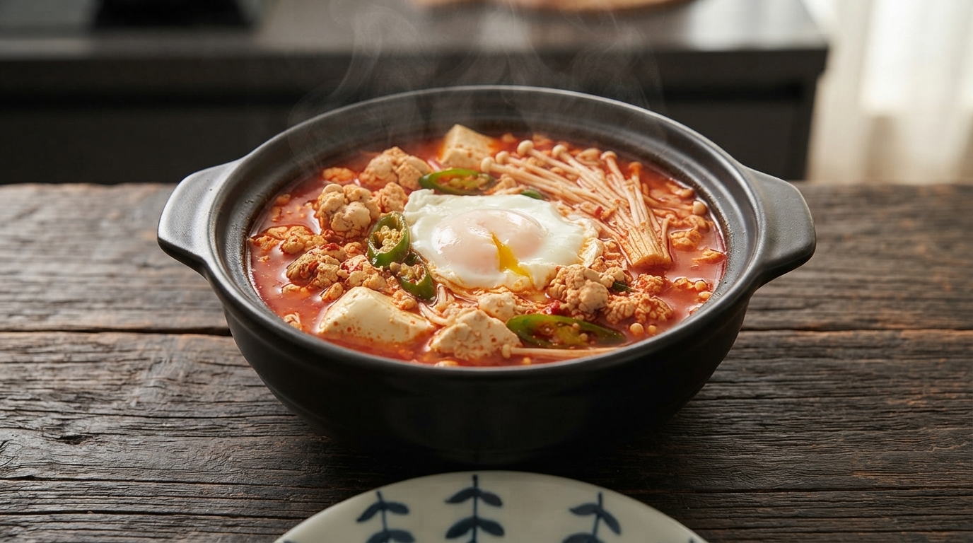 Soupe Coréenne Piquante aux Œufs de Colin et Tofu Soyeux (Myeongran Sundubu Jjigae)