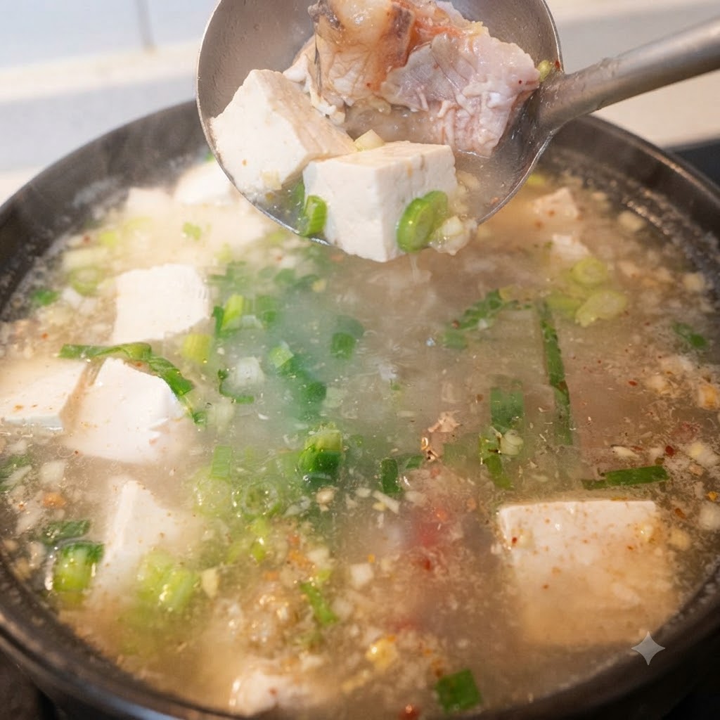 Cubes de tofu ajoutés à une casserole de soupe de poisson frémissante à laide dune louche.