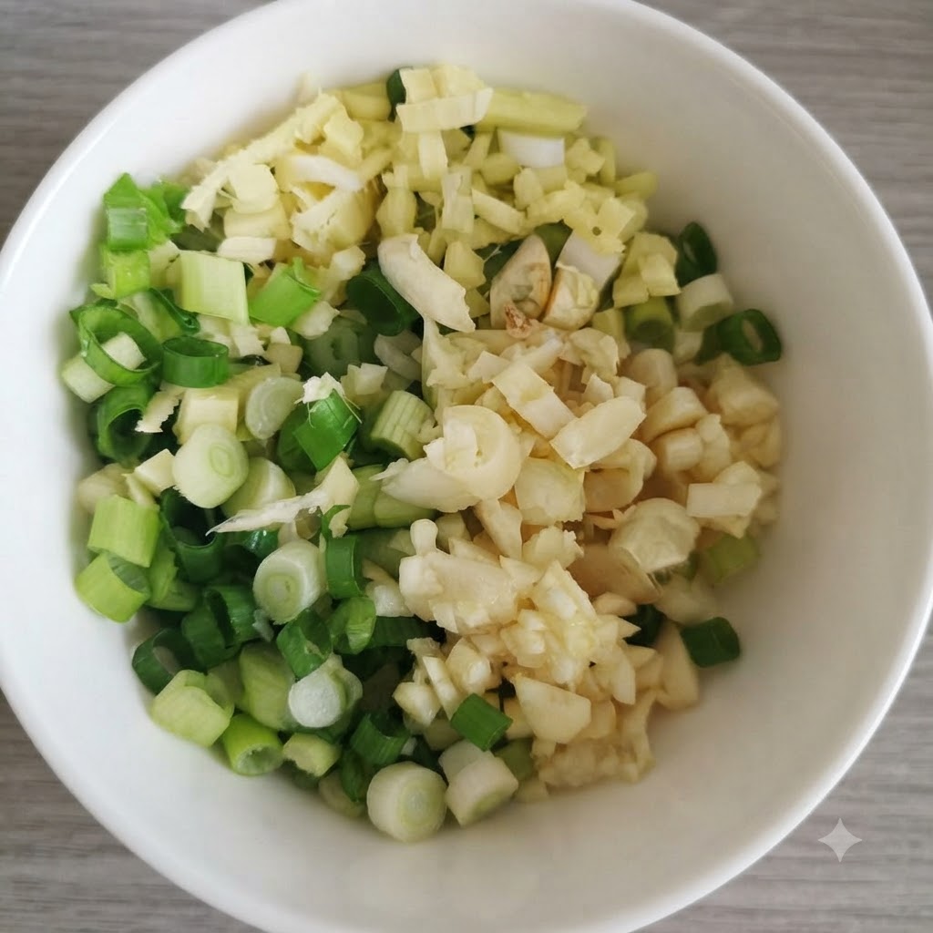 Bol blanc rempli doignons verts fraîchement hachés, dail émincé et de gingembre tranché.