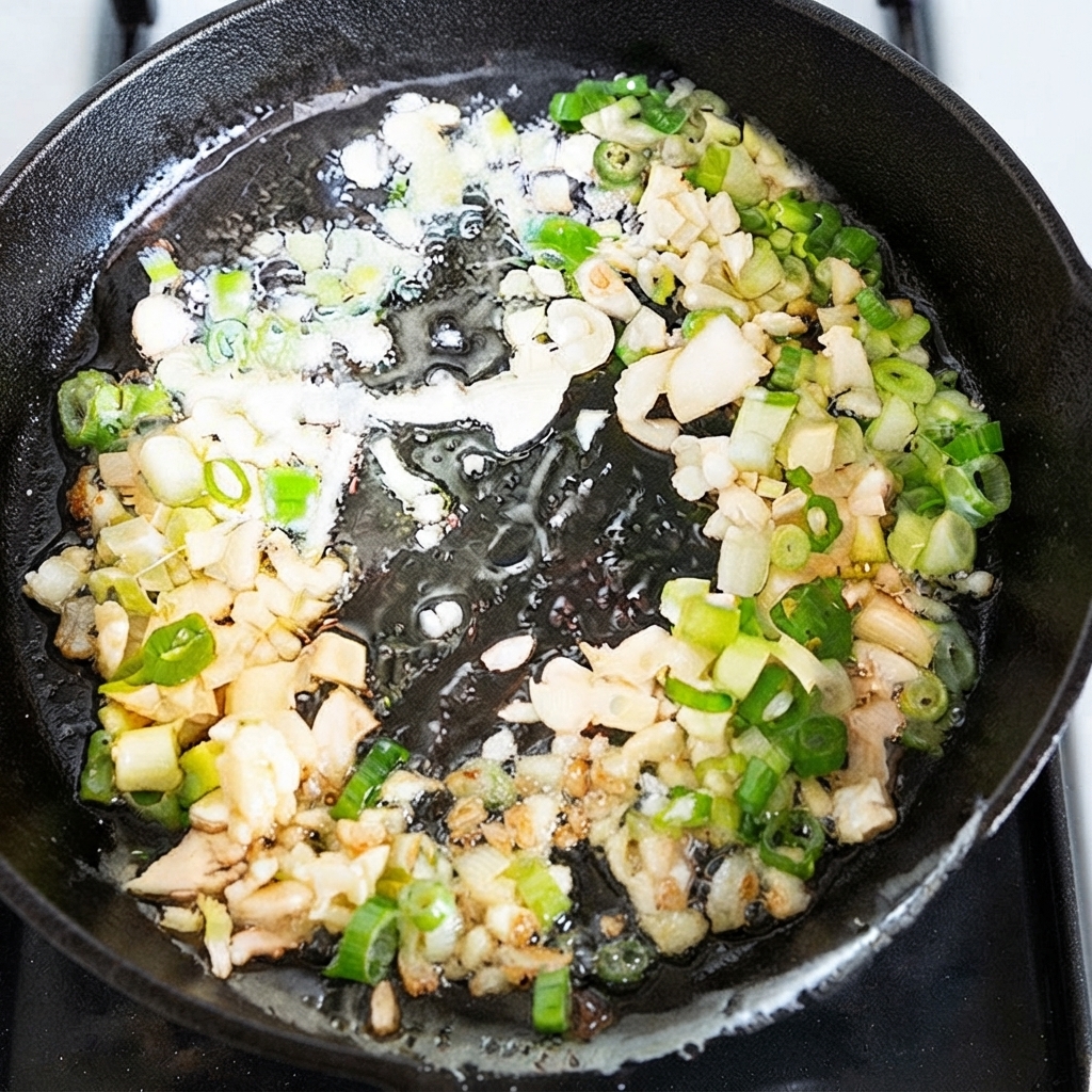 Oignons verts, ail émincé et gingembre grésillant dans de lhuile chaude à lintérieur dune poêle noire.
