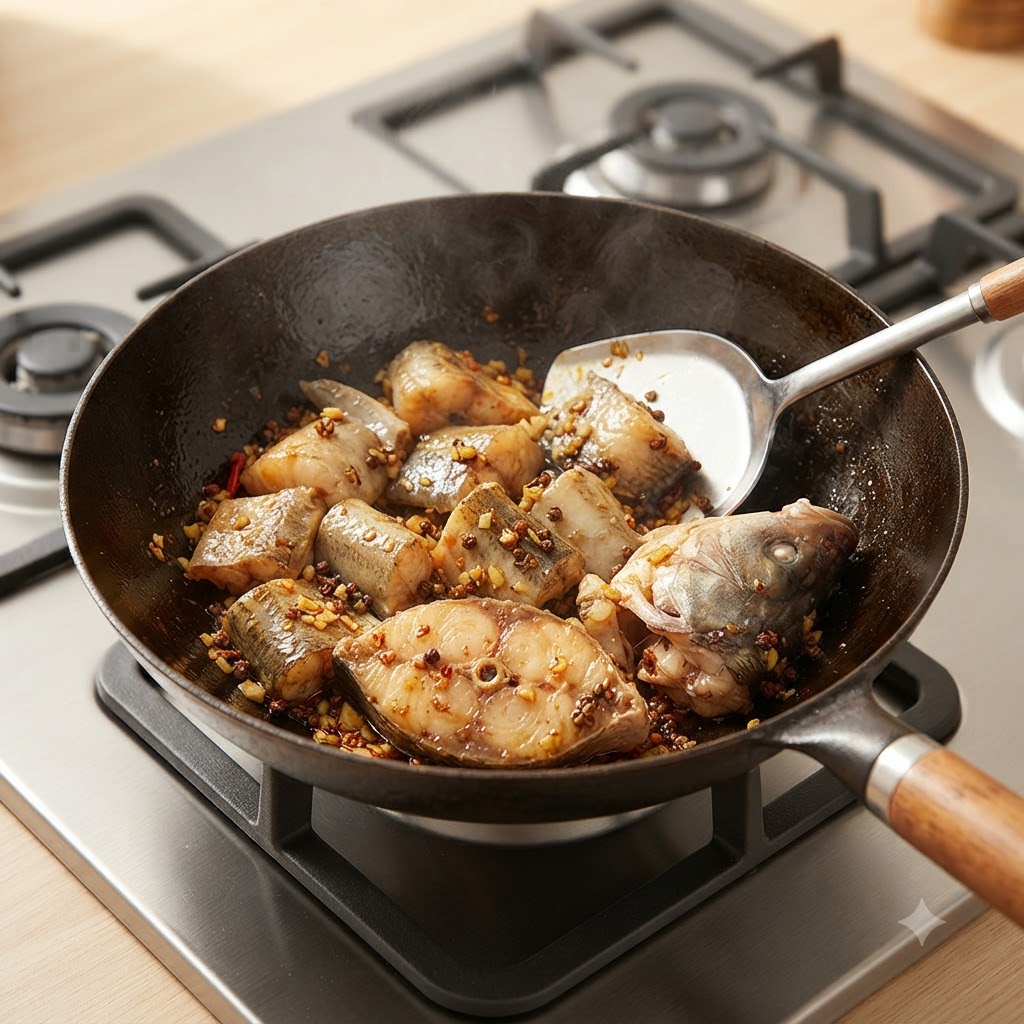 Morceaux de poisson lieu en train dêtre sautés avec les aromates à lintérieur dun wok à laide dune spatule en métal.