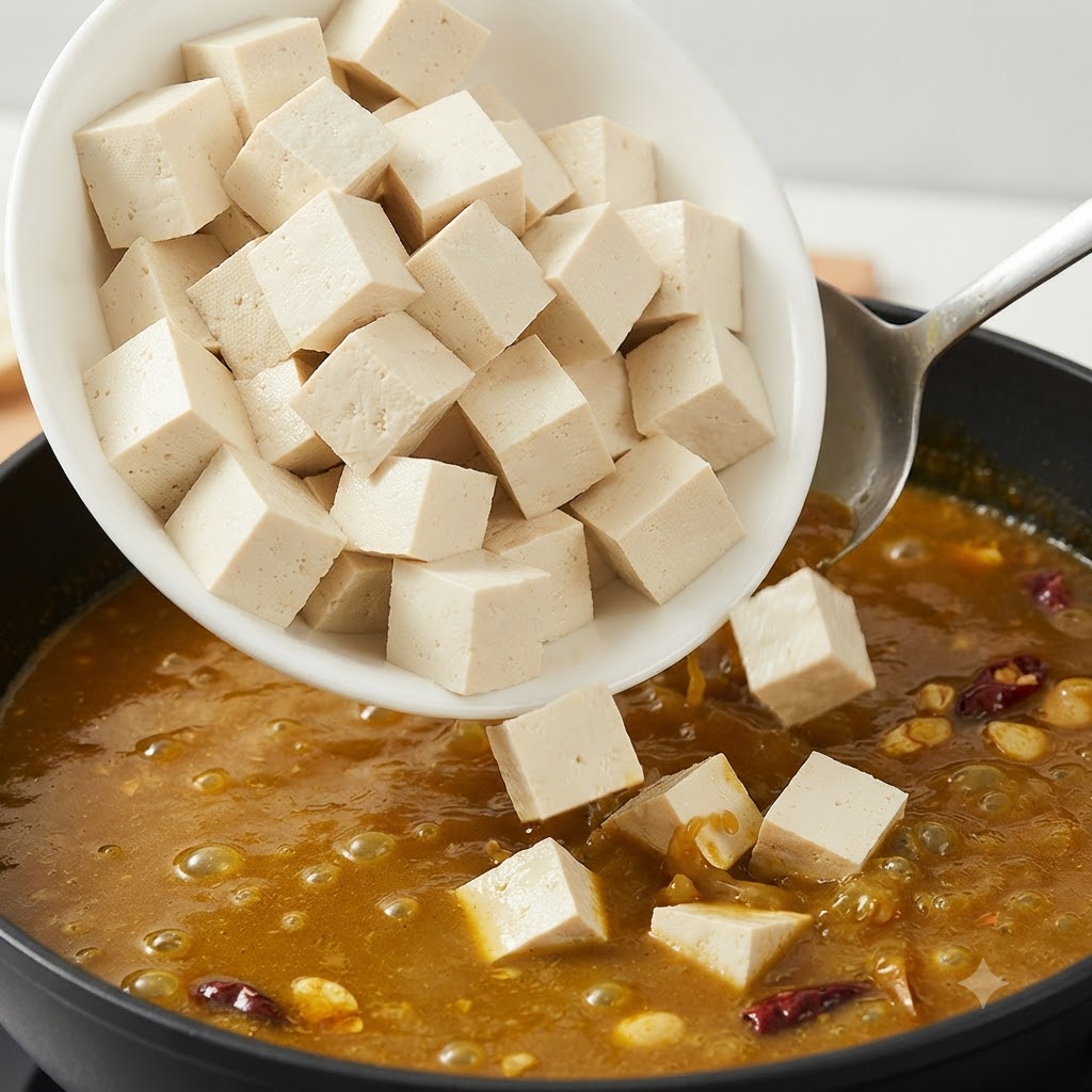 Cubes de tofu versés dun bol blanc dans le bouillon de soupe bouonnant.