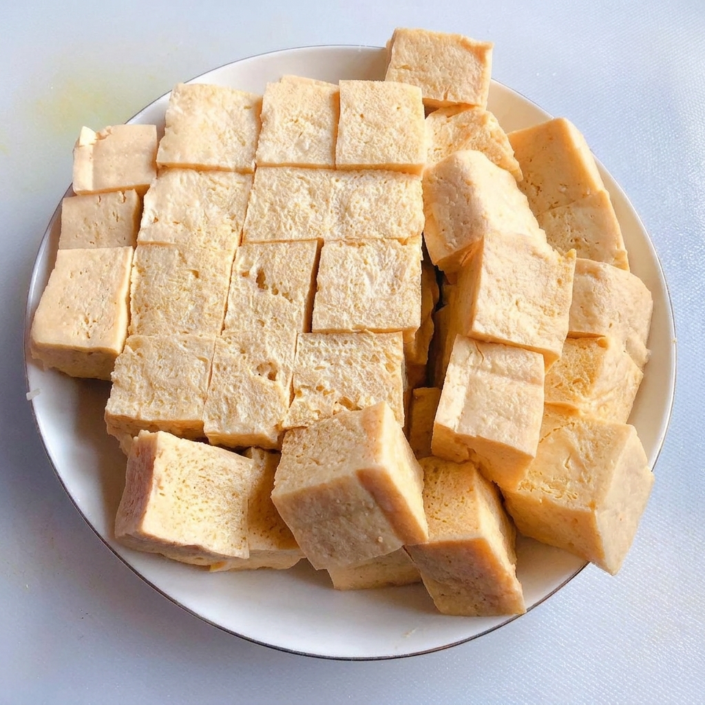 Une assiette de dés de tofu ferme fraîchement coupés et joliment présentés.