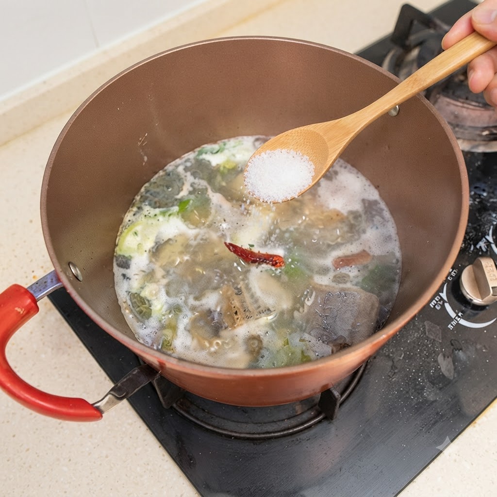 Une cuillère en bois ajoutant du sel et du poivre blanc dans une marmite bouillonnante de soupe de poisson.