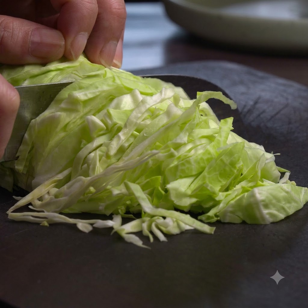 Un couteau bien affûté coupant une pomme de chou fraîche en lanières fines et régulières sur une planche à découper sombre.
