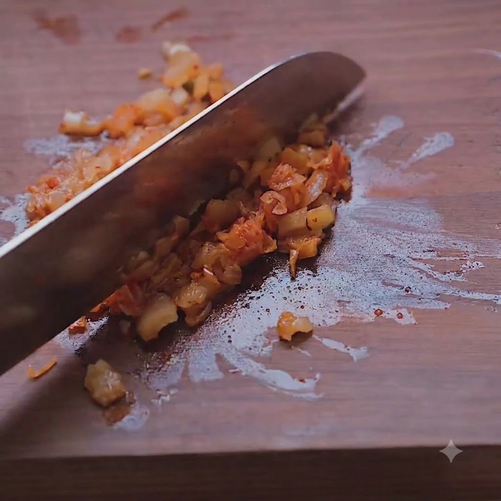 Du kimchi finement haché mélangé à la salade de thon.