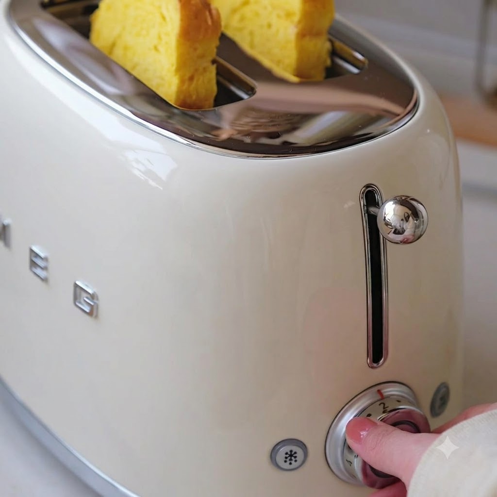 Des tranches de pain au potiron dans un grille-pain crème, prêtes à sauter.